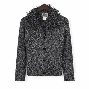 Curio Black & Gray Marled Wool Blend Boucle Knit Fringed Shawl Cardigan Sz Med